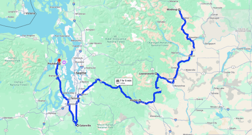 Map showing a route from Seattle to Winthrop, highlighting major roads and landmarks in Washington state.