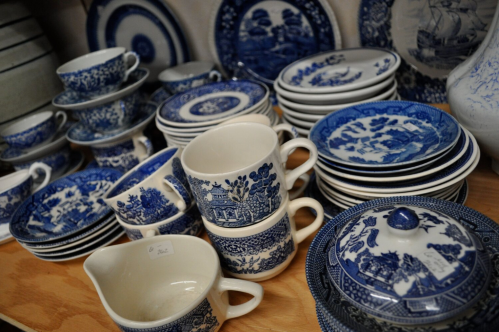 A group of blue and white Polish pottery at the Vermont Antique in Quechee, VT.