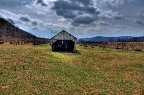 A weathered barn stands in a grassy field, surrounded by bare trees and rolling hills under a cloudy sky.