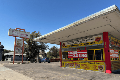 Exterior shot of Steve's Snappin' Dogs on Colfax Avenue in Denver, Colorado just weeks before closing