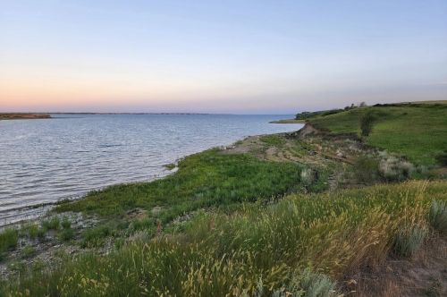 A serene lakeside view at dusk, with lush green grass and gentle waves under a pastel sky.