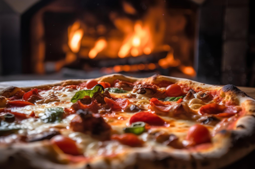 A close-up of a delicious pizza with toppings, set against a warm, glowing fireplace in the background.