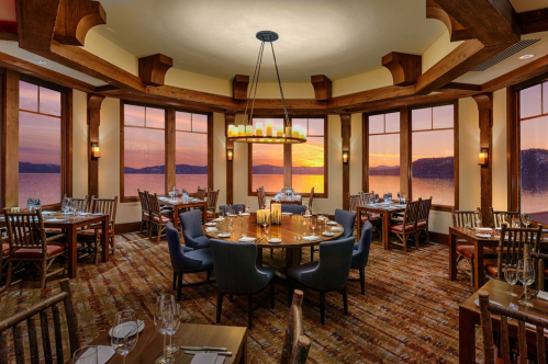 Panoramic view of Lake Tahoe from inside the Lone Eagle Grille in Incline Village, Nevada