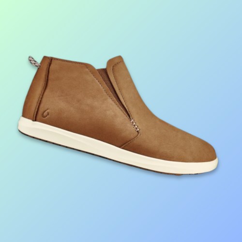 Brown slip-on shoes with a white sole, set against a gradient blue background.