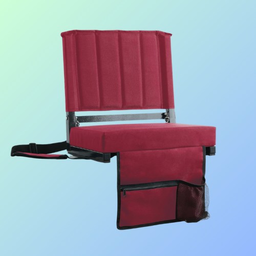 A red folding chair with a backrest and a storage pocket attached, set against a gradient background.