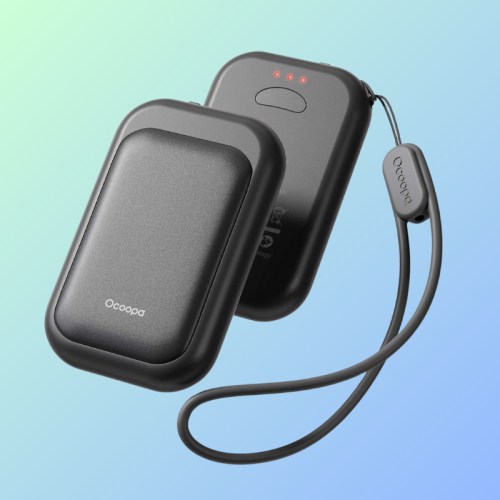 A portable power bank with a sleek design, featuring a strap and LED indicators, set against a gradient background.