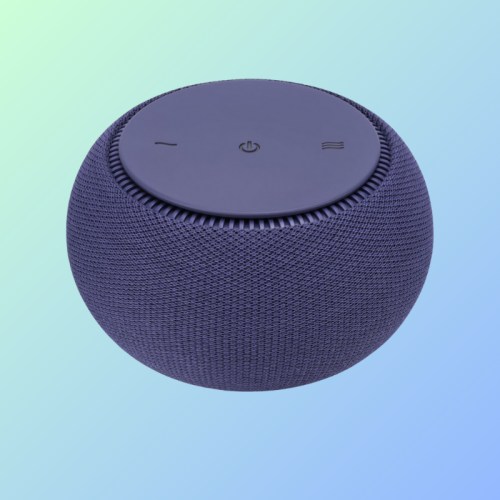 A round, purple smart speaker with control buttons on top, set against a gradient background.