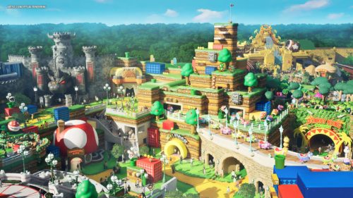 A vibrant, colorful theme park inspired by a video game, featuring castles, hills, and playful characters in a lush landscape.