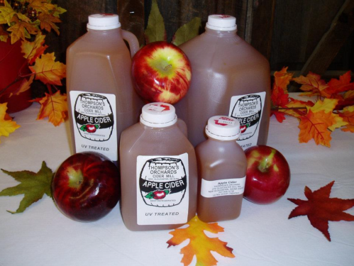 Five containers of apple cider with red apples and autumn leaves in the background.