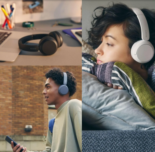 A collage featuring people wearing headphones in different settings: at a desk, outdoors, and relaxing at home.