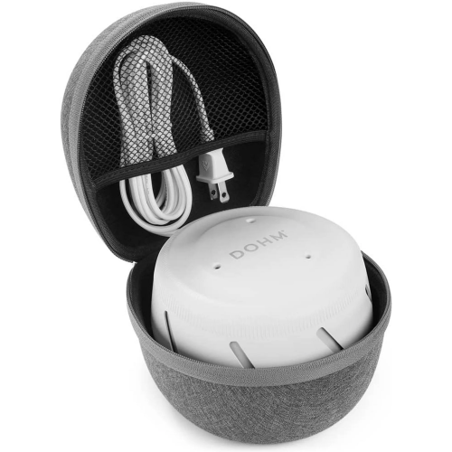A gray carrying case with a white sound machine and power cord inside.