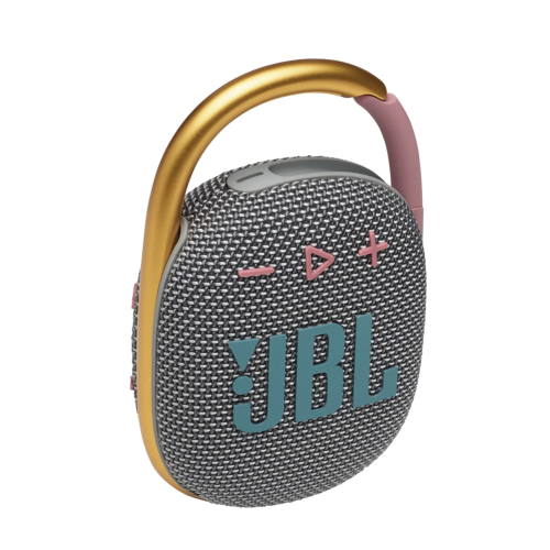 A compact JBL Bluetooth speaker with a textured gray fabric exterior and a gold handle.