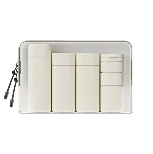 A clear pouch containing five white cylindrical containers of varying sizes.