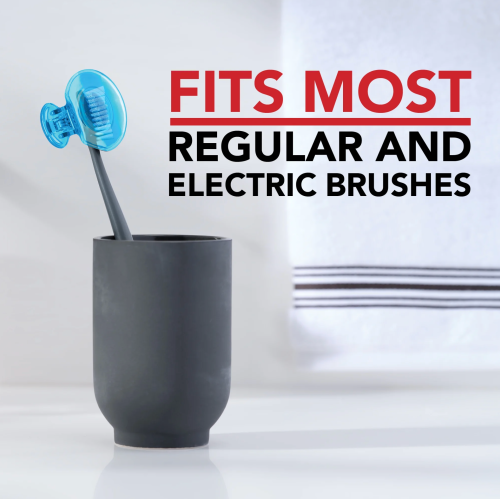 A black holder with a blue toothbrush, showcasing compatibility with regular and electric brushes.