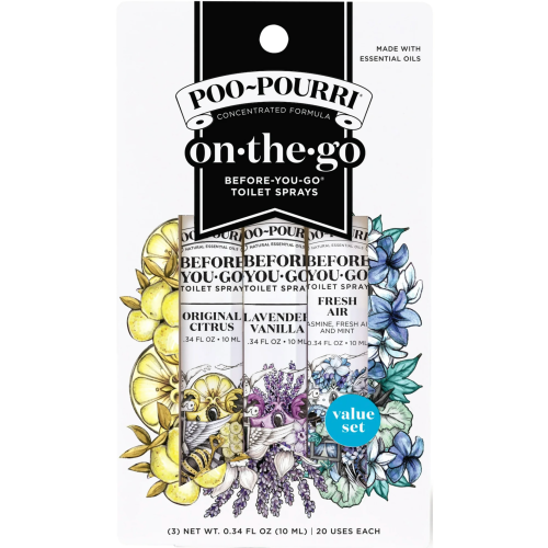 A pack of three Poo-Pourri toilet sprays in various scents, featuring colorful floral and fruit designs.