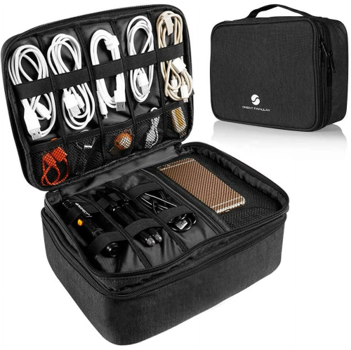 A black organizer bag with compartments for cables, chargers, and small gadgets, partially open to show contents.