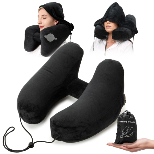 Black travel neck pillow with a hood, shown on a person and in a compact storage bag. Ideal for comfort on the go.