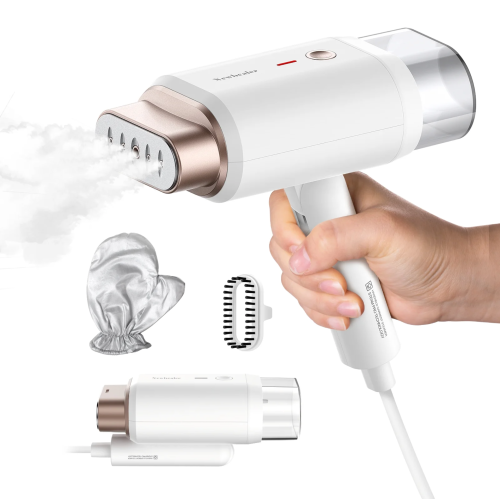 A hand holding a white hair dryer with steam, accompanied by a heat-resistant glove and a brush attachment.