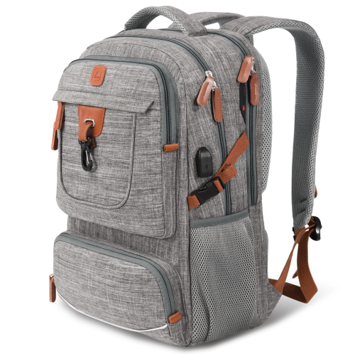 Gray backpack with multiple compartments, brown accents, and padded straps, designed for travel or daily use.