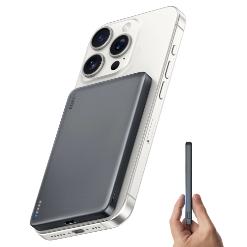 A smartphone with a magnetic battery pack attached, showcasing a sleek design and charging capability.