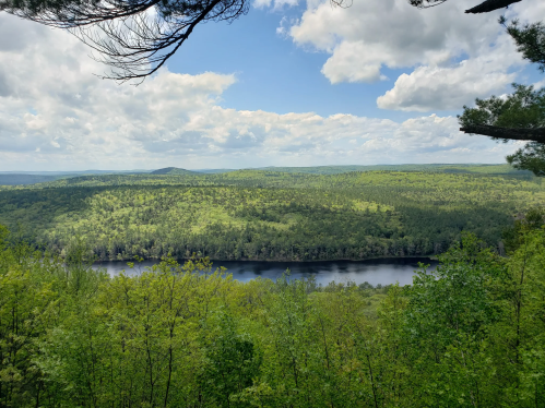 A scenic view of a river winding through lush green forests under a partly cloudy sky.