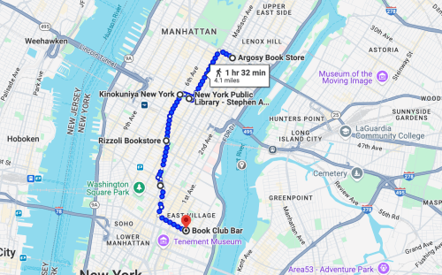 Map showing a route from Argosy Book Store to East Village Book Club Bar, with a travel time of 1 hour and 32 minutes.
