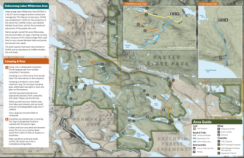 Map of Debsconeag Lakes Wilderness Area, featuring trails, camping areas, and key landmarks. Insets show detailed trail routes.