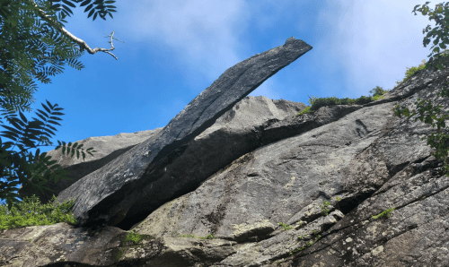 A large, flat rock balances precariously on a steep cliff against a blue sky with scattered clouds.