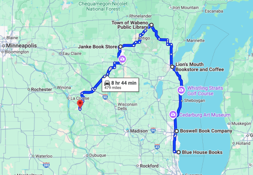 Map showing a route with stops at various bookstores and libraries in Wisconsin, totaling 479 miles and 8 hours 44 minutes.