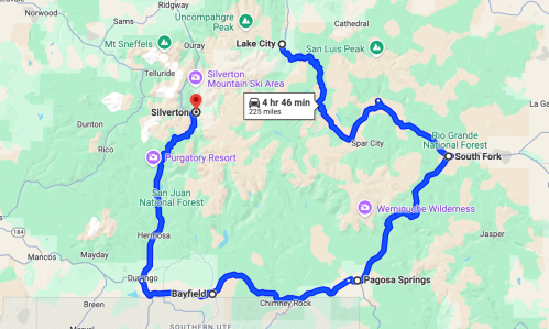 Map showing a scenic route of 225 miles through Colorado, including Silverton, Pagosa Springs, and Lake City.