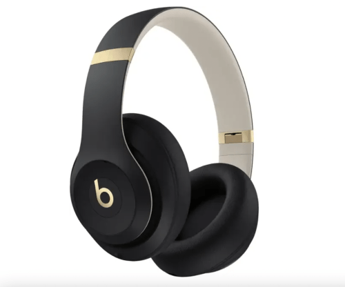 Black over-ear headphones with gold accents and a sleek design.