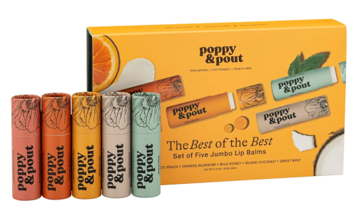 A colorful box of Poppy & Pout jumbo lip balms in five flavors: Peach, Orange Blossom, Mild Honey, Island Coconut, and Sweet Mint.
