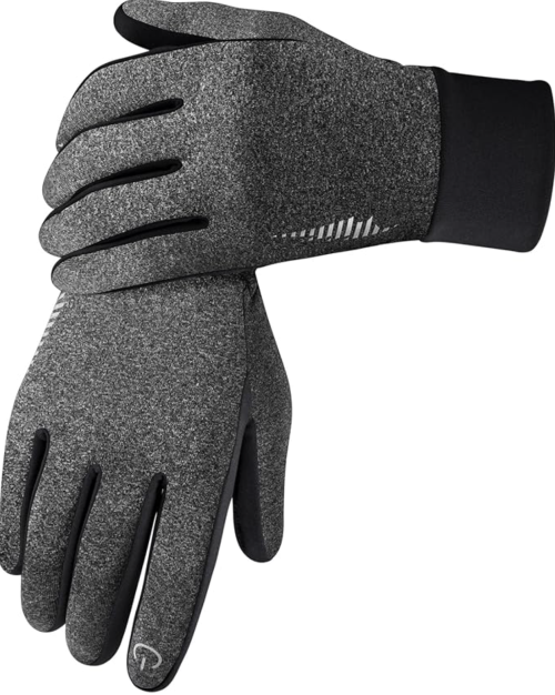 A pair of black and gray gloves with a textured design and a snug fit at the wrist.