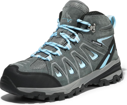 Gray and blue waterproof hiking boot with a rugged sole and lace-up design, ideal for outdoor adventures.
