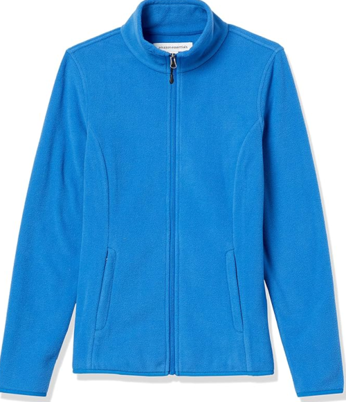 A blue fleece jacket with a zip front and two side pockets.