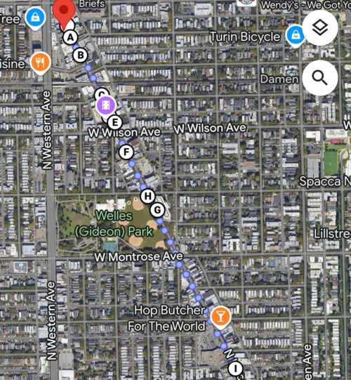 Map showing a section of N Western Ave with various points of interest and streets, including Welles Park and Hop Butcher.