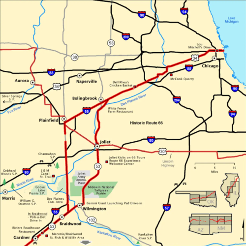 Map of the Chicago area highlighting major highways, towns, and landmarks, including Route 66 and various restaurants.