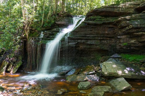 A serene waterfall cascading over rocky ledges, surrounded by lush green foliage and a tranquil stream below.
