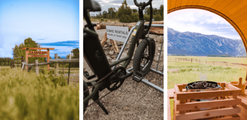 Three images: a sign for Tammany, an e-bike rental, and a scenic view from a wooden structure with mountains in the background.