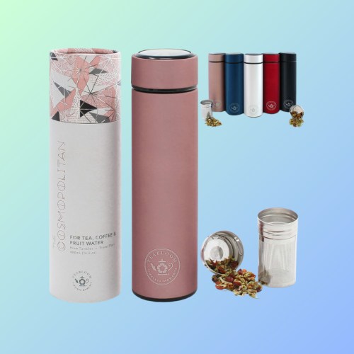 A stylish insulated bottle with a decorative box, alongside tea infusers and colorful bottles in red, blue, and black.
