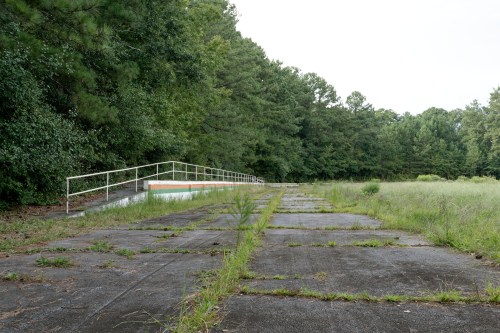 Overgrown concrete path leading to a dilapidated structure, surrounded by dense trees and greenery.
