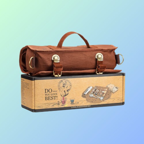 A brown bag with gold clasps sits atop a box featuring a vintage bartender set illustration and the phrase "Do What You Love Best!"