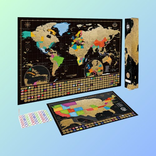 A colorful scratch-off world map with a detailed U.S. map, stickers, and a decorative box on a gradient background.