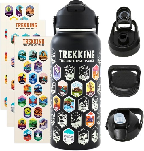 A black water bottle covered in national park stickers, accompanied by two lid options and sticker sheets.
