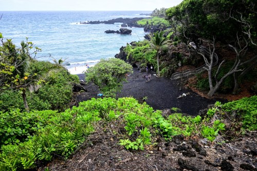 A scenic view of a black sand beach surrounded by lush greenery and rocky coastline under a cloudy sky.
