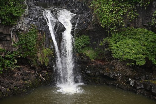 A serene waterfall cascading over rocky cliffs into a tranquil pool, surrounded by lush greenery.