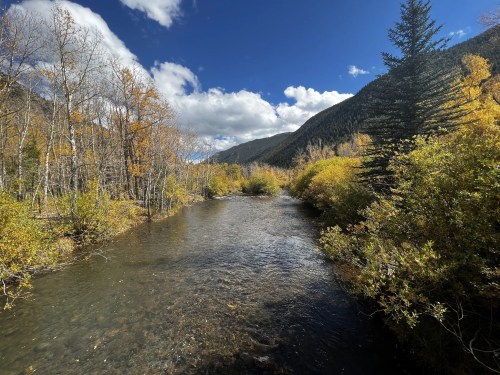A serene river flows through a colorful autumn landscape with trees and mountains under a blue sky with clouds.