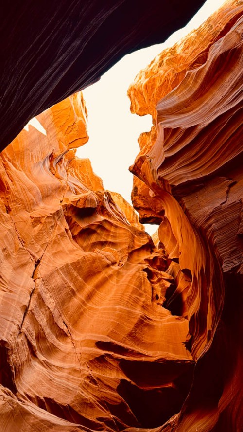 A stunning view of Antelope Canyon, showcasing vibrant orange rock formations and a bright sky above.