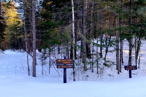 Two signs in a snowy forest: one for "Back Pack Parking" and another for "Group Camp," with trees in the background.
