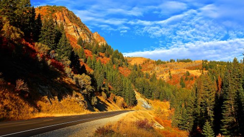A scenic road winds through vibrant autumn foliage and mountains under a blue sky with scattered clouds.